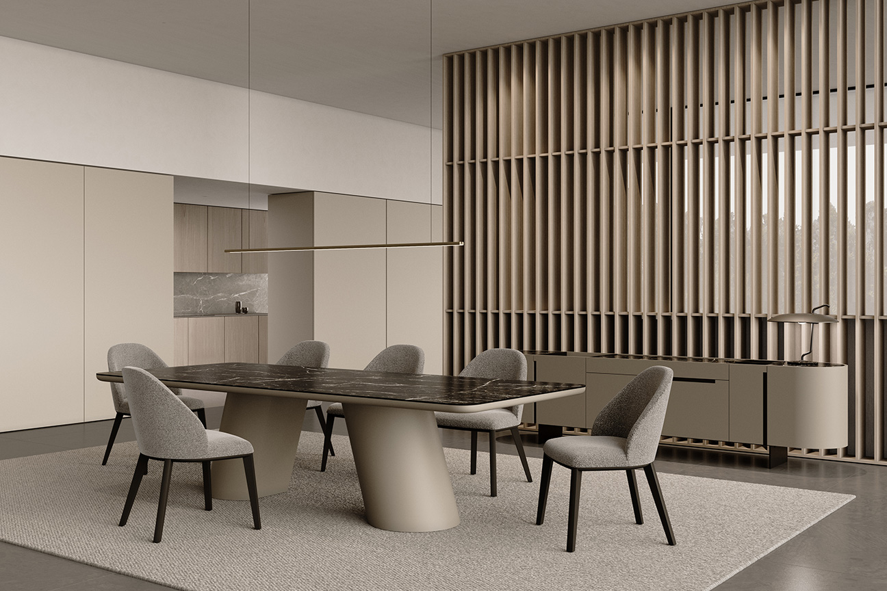 Un comedor de diseño moderno con una decoración minimalista que pone el foco de atención en la mesa Altea y aparador Calpe de Yonoh Studio