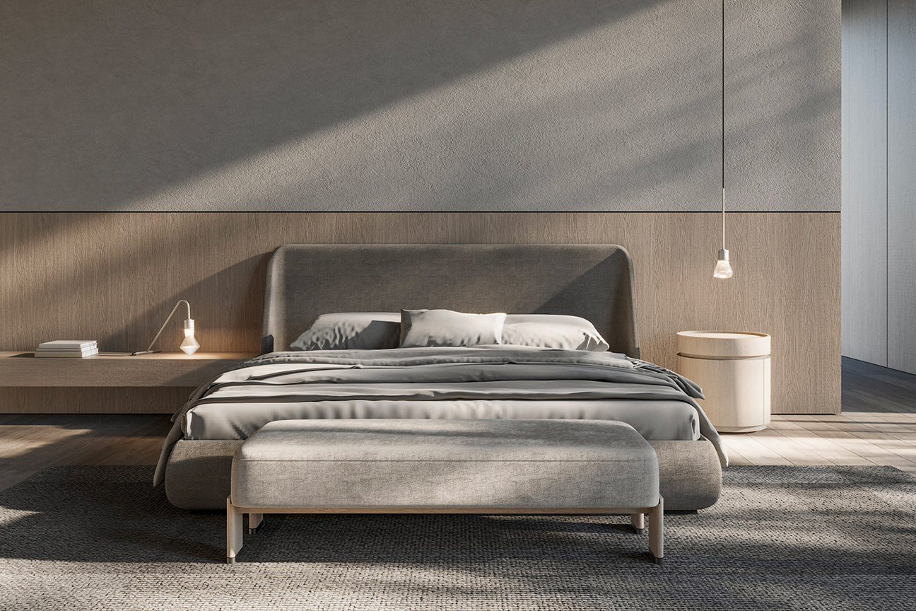 La cama Atlas diseñada por Jacobo Ventura es el foco central en este acogedor y cálido dormitorio moderno.