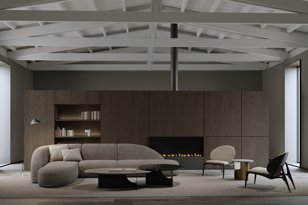 Original modern luxury living room furnished with unique designer furniture, such as the Beluga sofa, Yuan armchair or Coro tables.