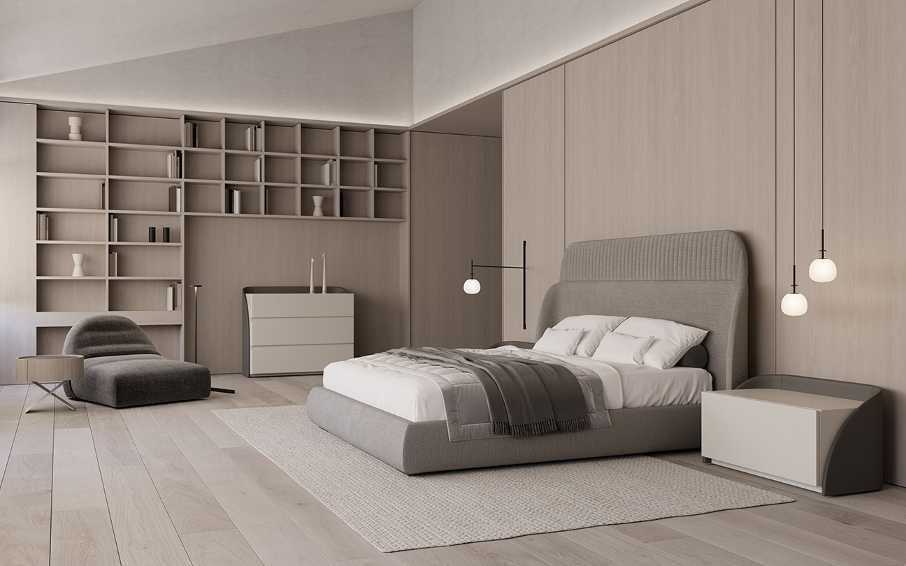 La decoración contemporánea con detalles modernos del dormitorio Cricket invita al recogimiento, muebles de diseño de autor de alta calidad.