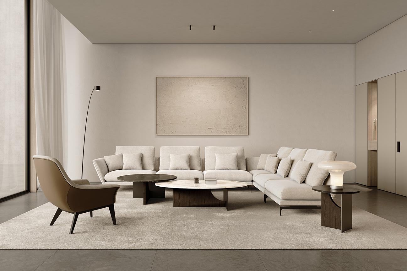 Un salón moderno y vanguardista con muebles de diseño, destacando el impresionante sofá Disc en L, una acogedora decoración en tonos cálidos.