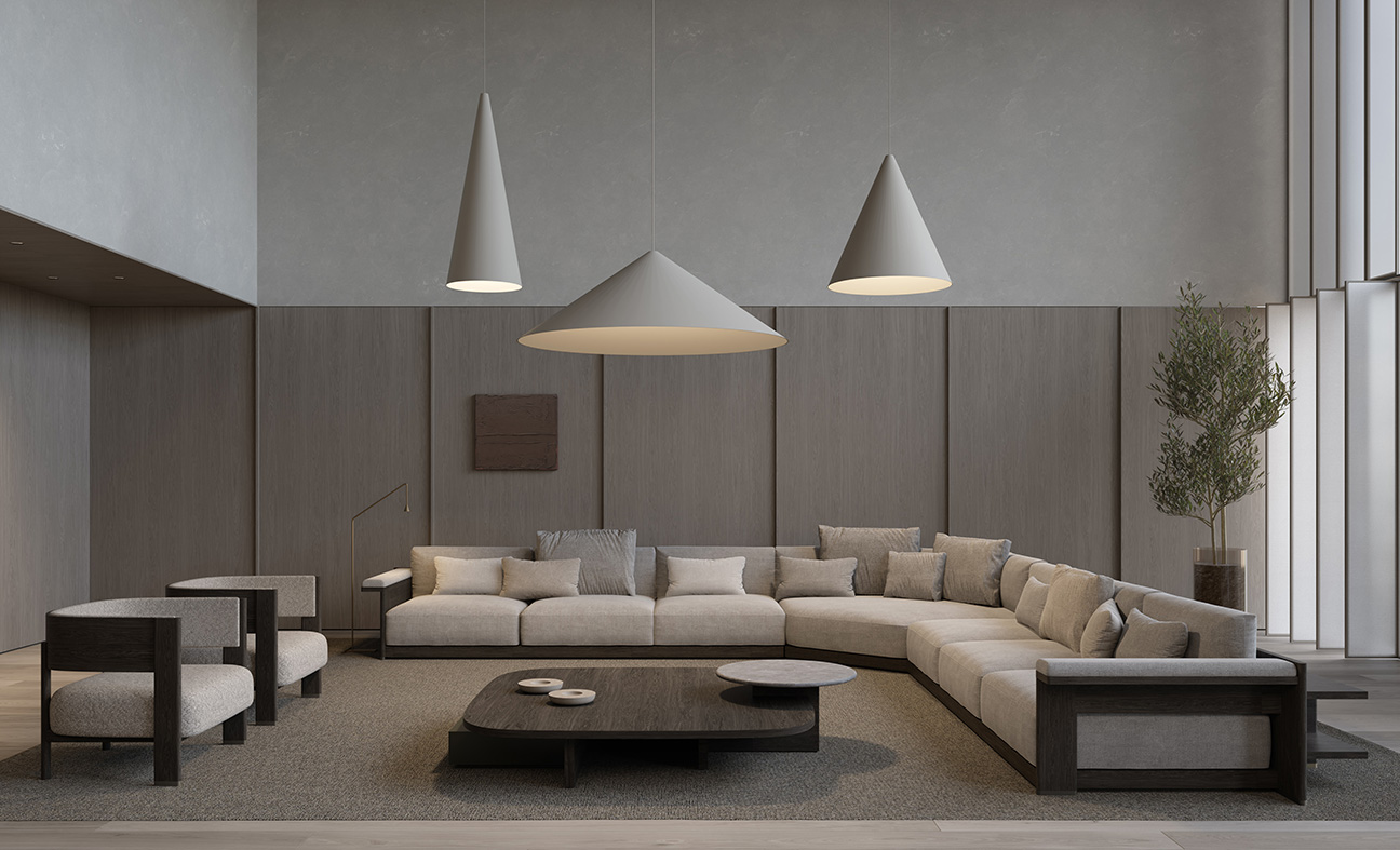 La mesa de centro Estrato y el sofá Jude, diseñados por Frances Rifé para la colección Forwards de Alexandra, infunden un aire lujoso a este moderno salón.