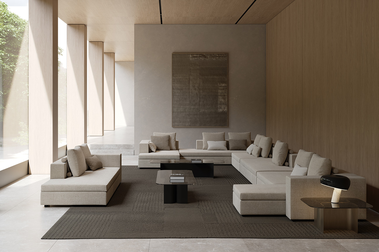 Un salón moderno de líneas rectas con diseño, decoración e interiorismo de Jacobo Ventura. Destaca el sofá Prince y las mesas de centro y auxiliar Kentia.