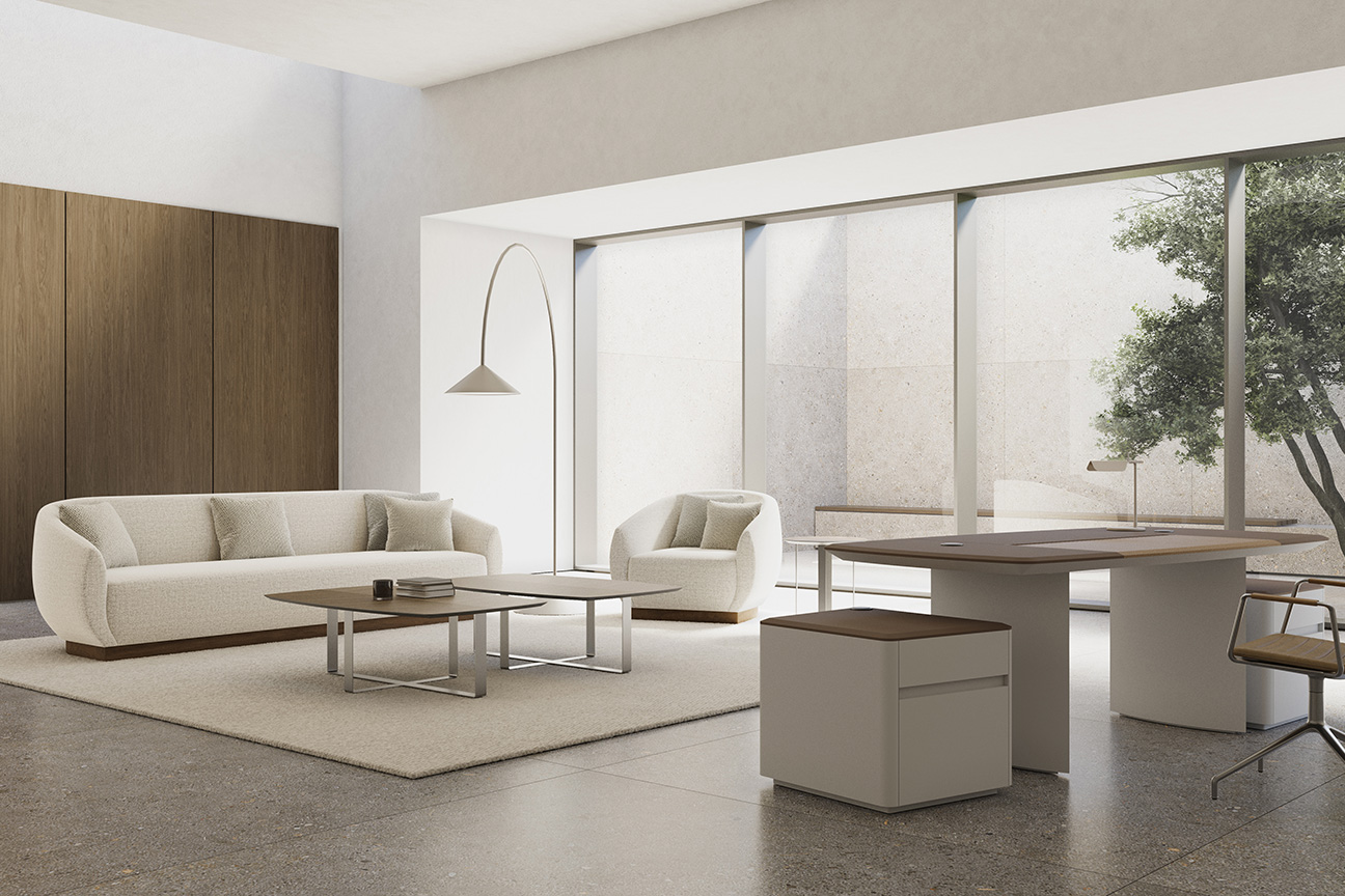 Luminoso despacho ejecutivo de lujo con elegantes muebles de estilo moderno y en tonos blancos, decorado con las colecciones Wind y Paul.