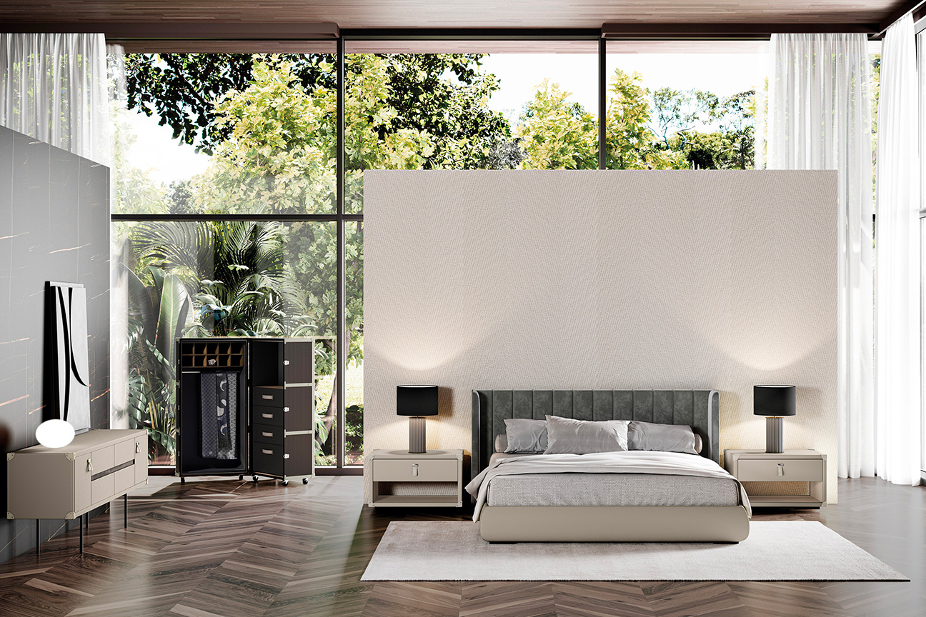 Dormitorio contemporáneo moderno con cama Compass