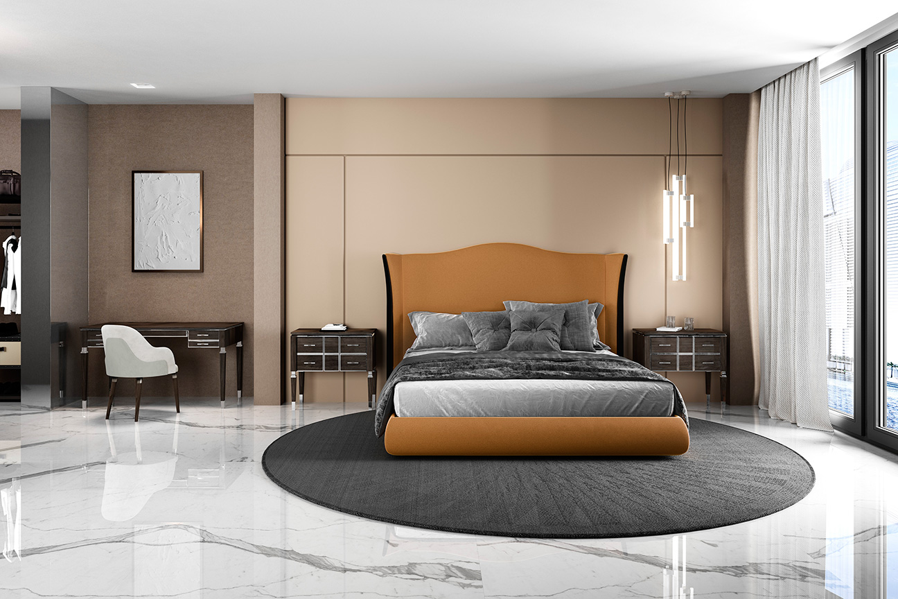 Dormitorio Suite de hotel de lujo con cama tapizada y muebles de alta gama.