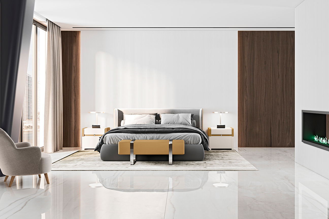 Elegante dormitorio en tonos blancos y grises con muebles personalizables de alta gama.