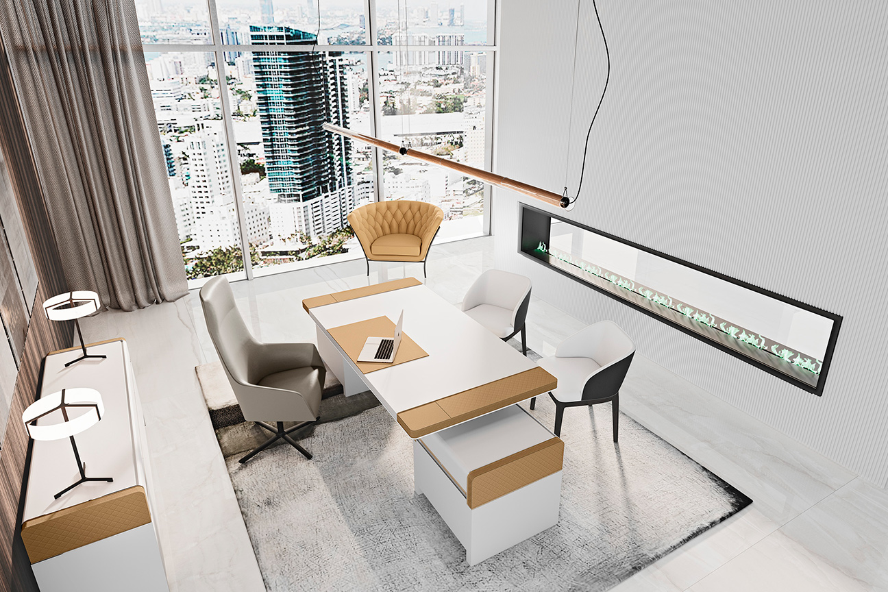 Lujoso despacho de estilo moderno contemporáneo con muebles de alta gama personalizables.