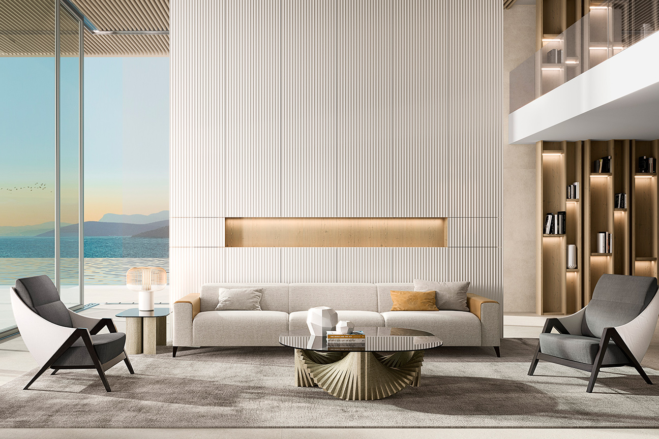 Salón elegante con sofa modular reclinable eléctrico y mesa contemporánea de lujo.