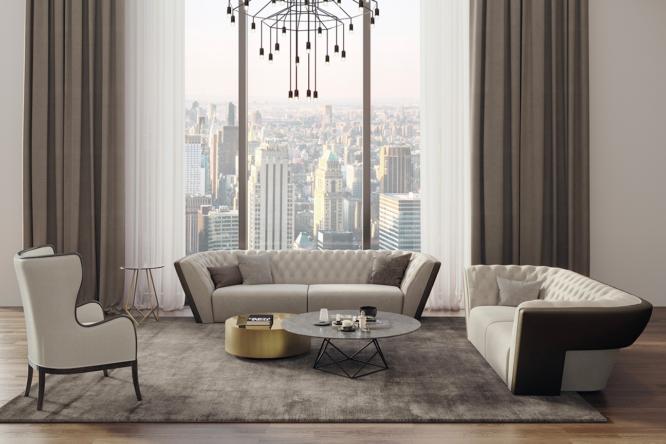 Lujosa sala de estar contemporánea con sofá y sillón tapizados en piel y terciopelo blanco.