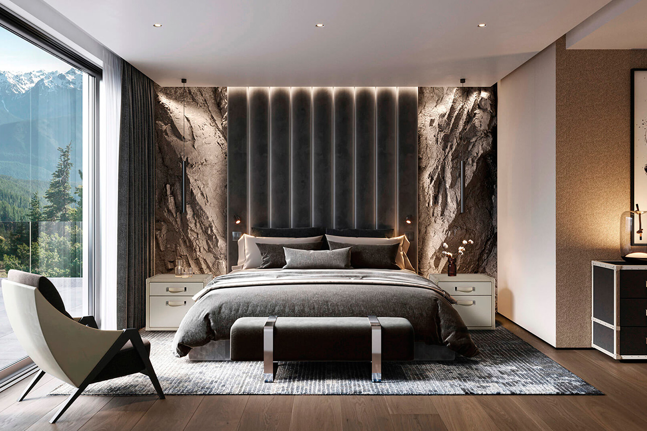 Bedroom with made-to-measure headboard and leather  furniture.