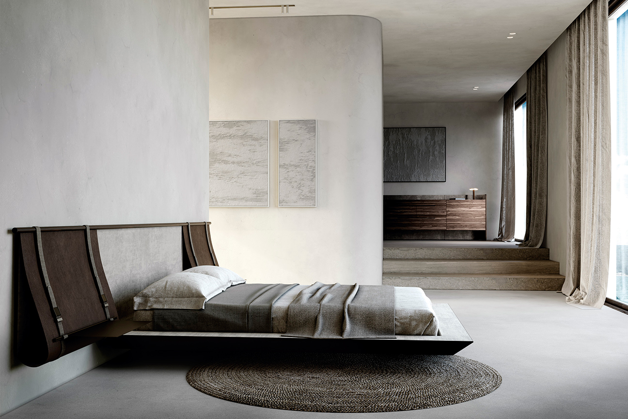 Dormitorio moderno de estilo vanguardista de madera y piel con un original diseño.