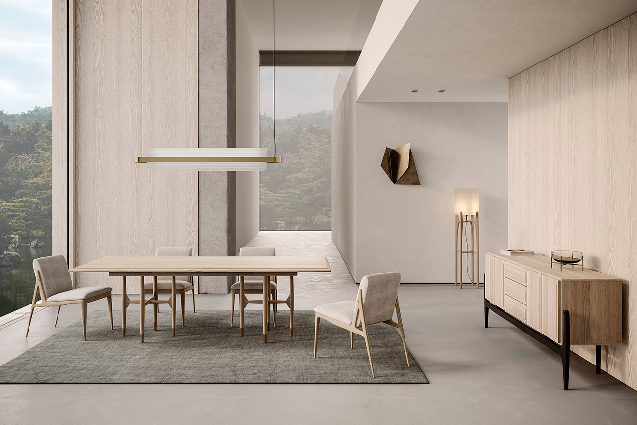 Modern Japanese-inspired dining room with ash furniture in natural Scandinavian colour.