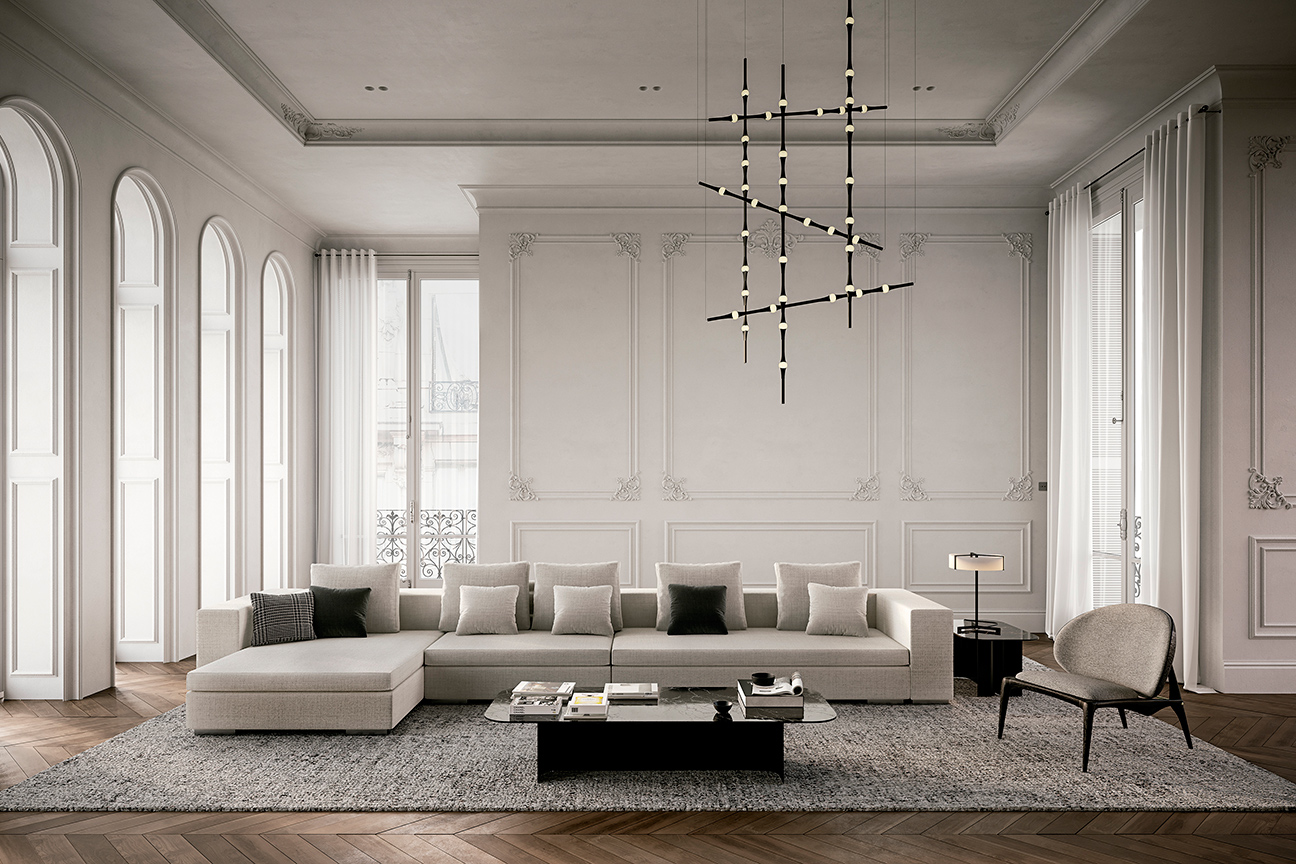 Salón contemporáneo con sofá en L en gris claro y mesas centro de diseño.