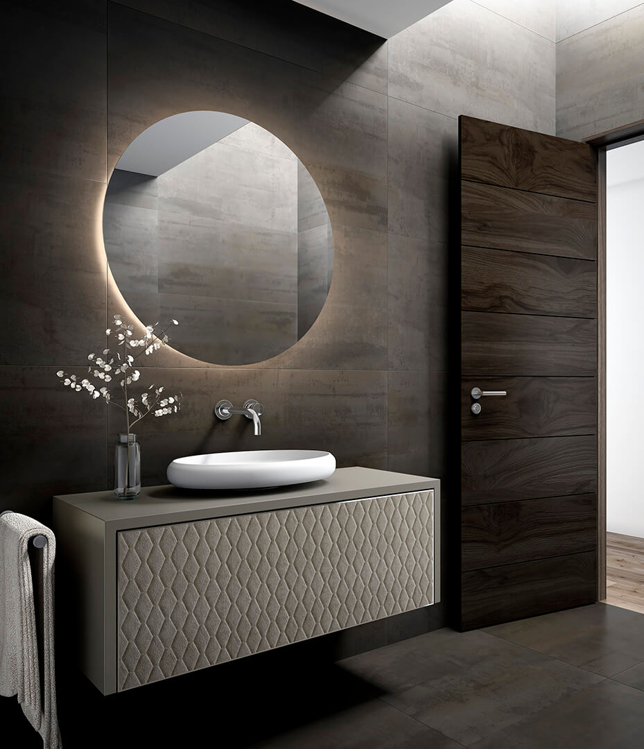 Modern bathroom with Auriga wall mounted vanity unit and mirror with LED light