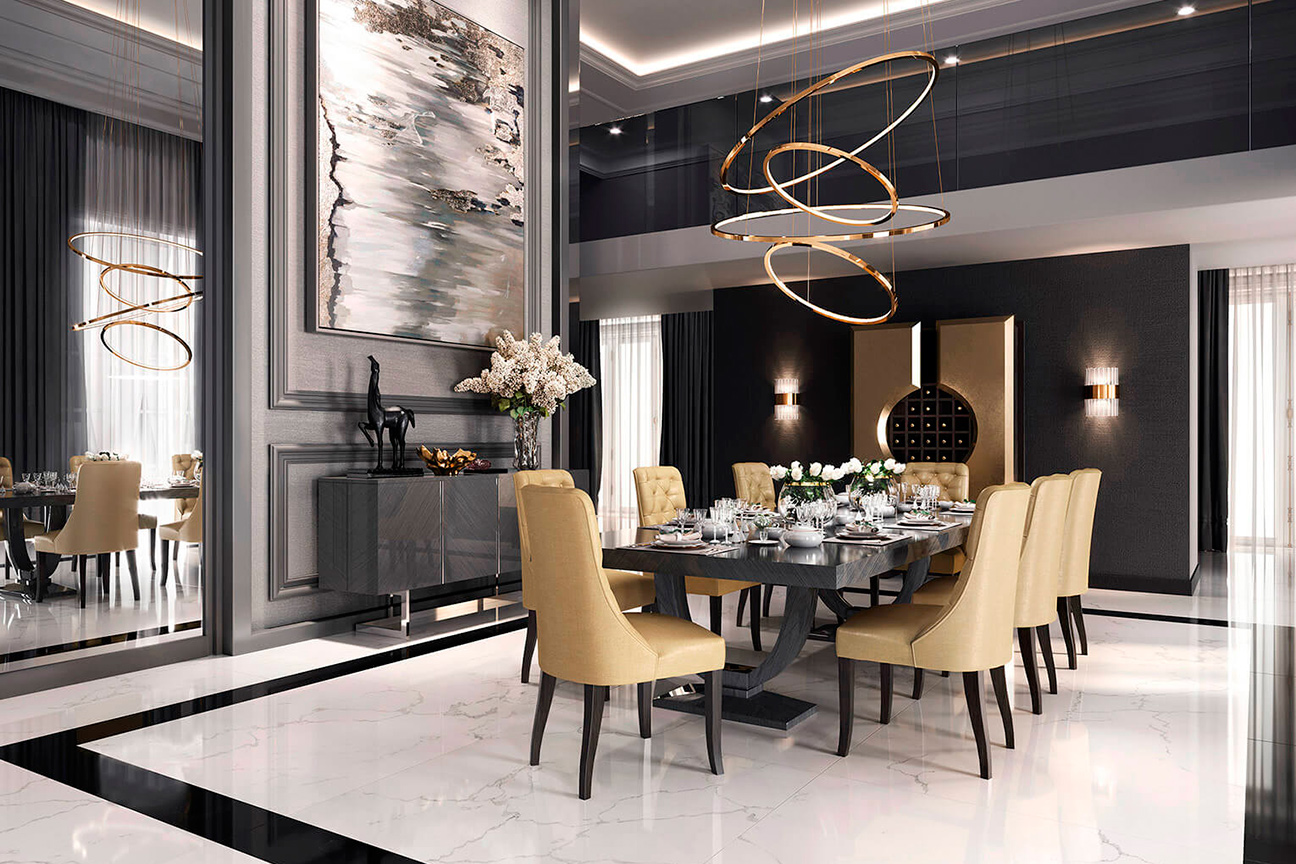 Comedor contemporáneo de lujo en tonos negro y oro, con sillas tapizadas y mueble bar.