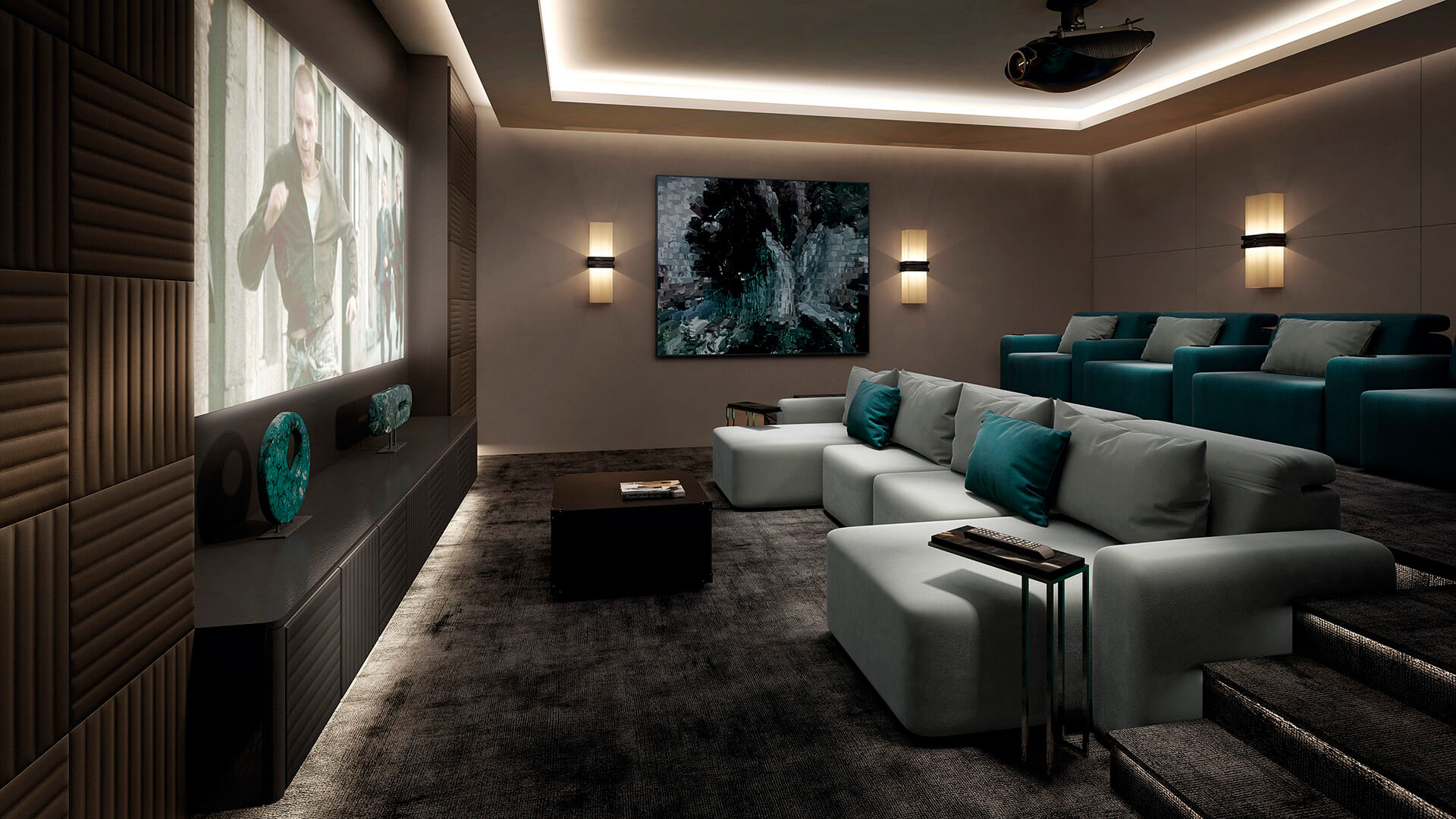 Sala de cine en casa con cómodos sofás reclinables y chaise longues con opción de personalización y fabricación a medida.