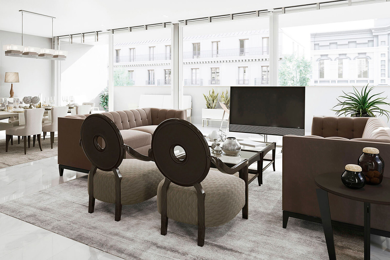Luxury living room in brown colour with comfortable sofas and original armchairs.