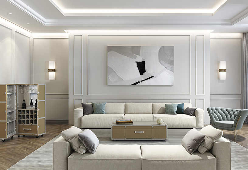 Elegante comedor contemporáneo en tonos blancos decorado con muebles de lujo de Colección Alexandra.