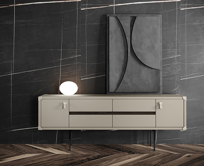 Aparador Compass diseñado por Jacobo Ventura para la línea de muebles contemporáneos de lujo Evolution.