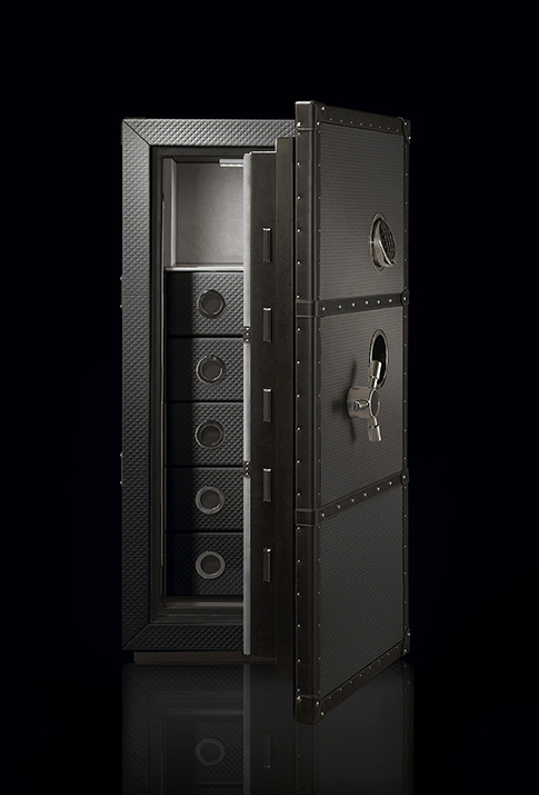 Luxury Traveler brown leather-covered safe.