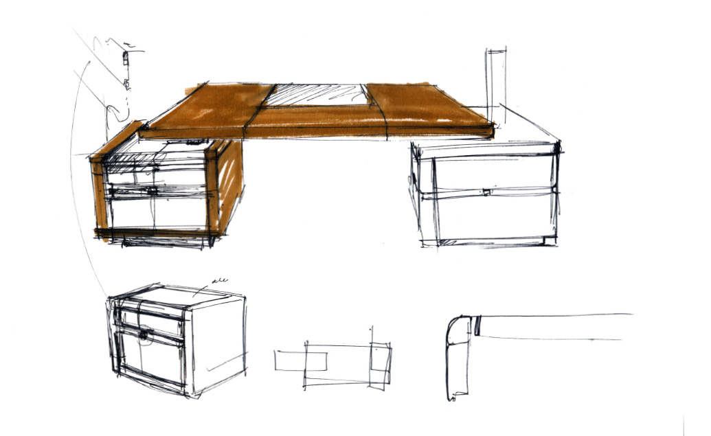 Boceto del diseño de un escritorio personalizado para despachos exclusivos.