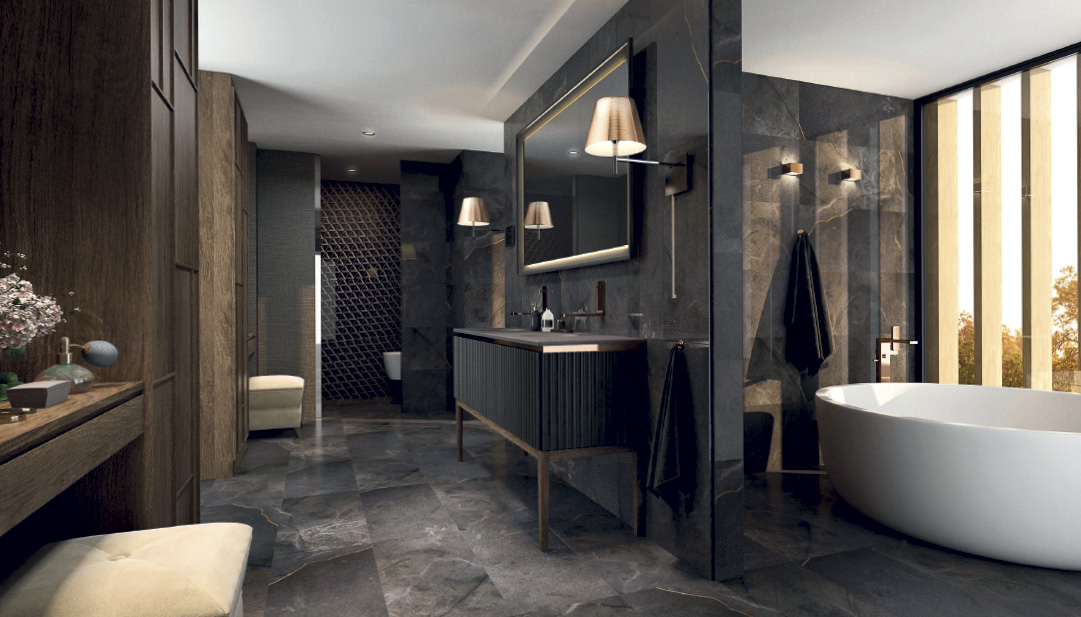Diseño 3D de un baño realizado por un decorador para un proyecto de interiorismo de una vivienda de lujo.