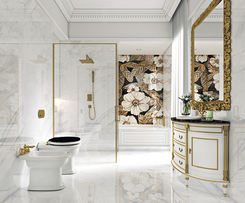 Luxury classical bathroom in white and gold 