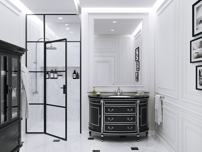 Contemporary bathroom with classical bath cabinet in black and silver