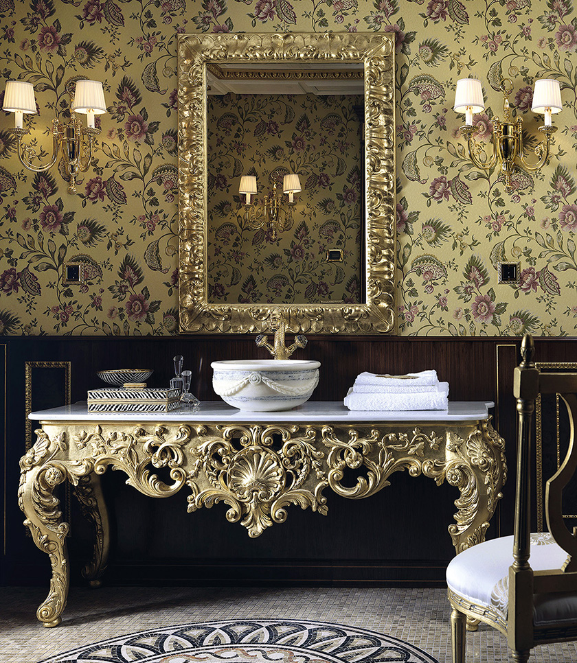 High end Italian inspired bathroom vanity , with carved details and giltwood