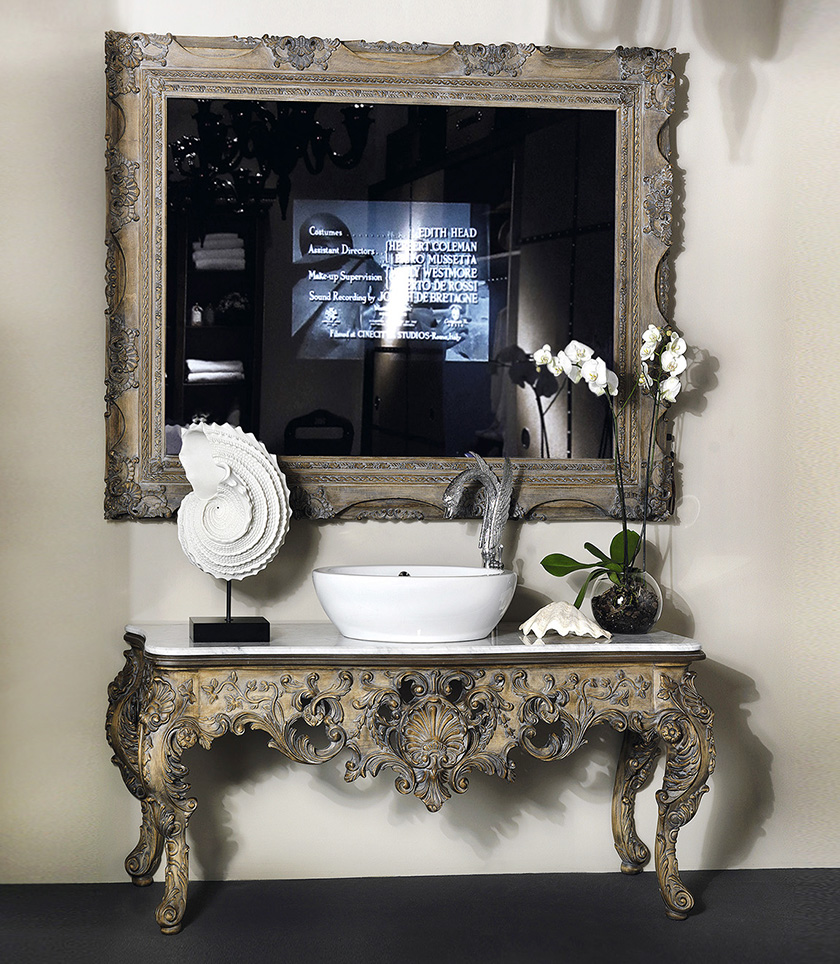 Luxury Italian style, carved bathroom vanity with magic TV mirror.