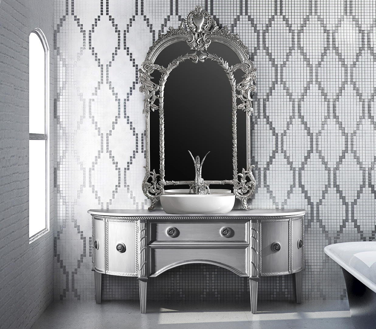 Classic bathroom vanity with carved mirror and swan shaped faucet.