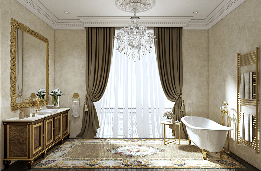 Traditional, luxury bathroom with high end finishes.