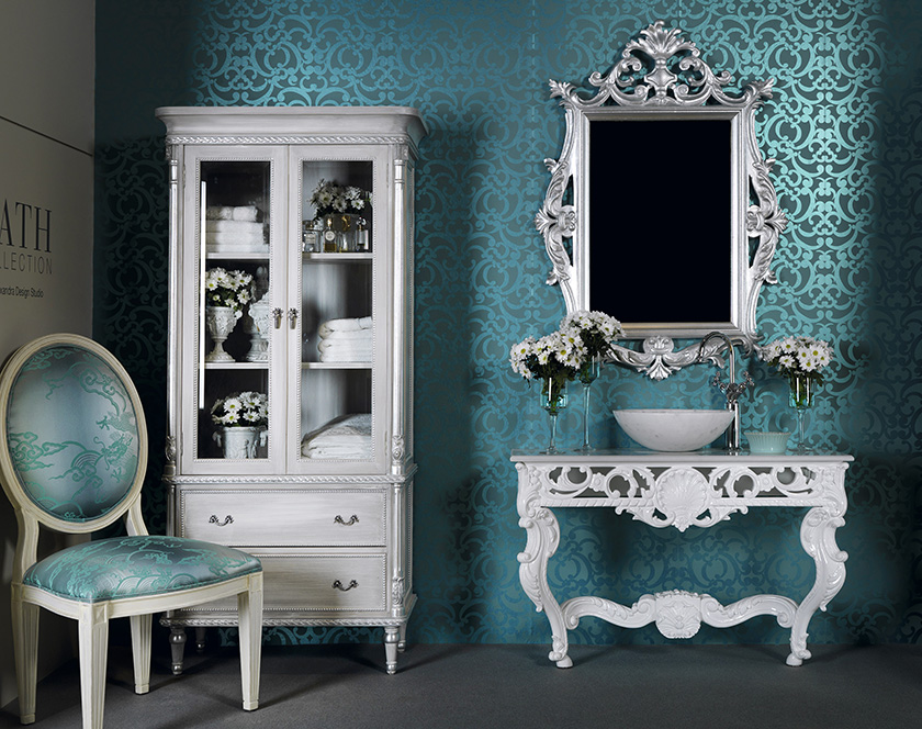 Traditional blue bathroom, with white bathroom storage cabinet and vanity unit