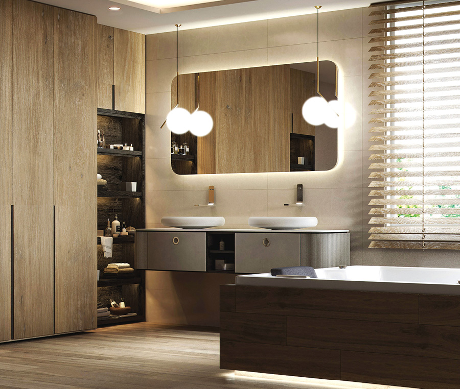 Modern bathroom with double sink, wall mounted faucets and large mirror