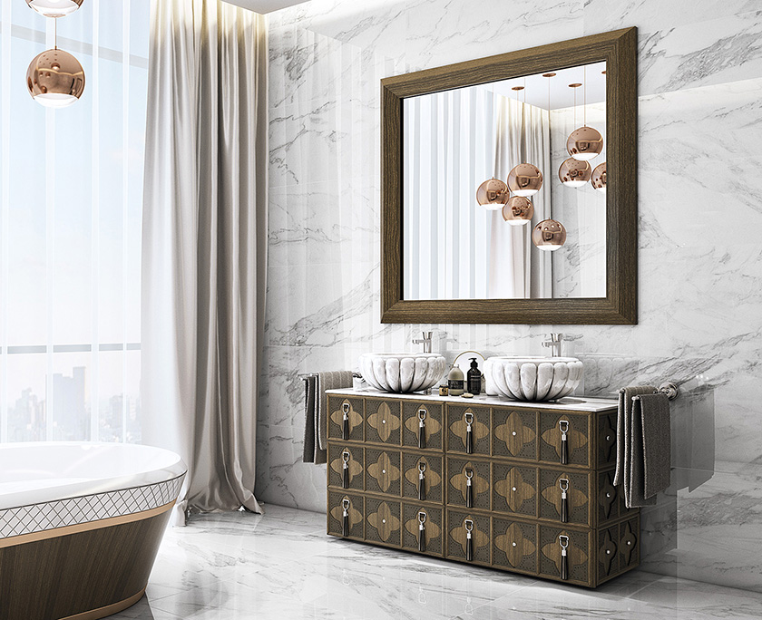 Contemporary style bathroom with high end double sink vanity unit with drawers.