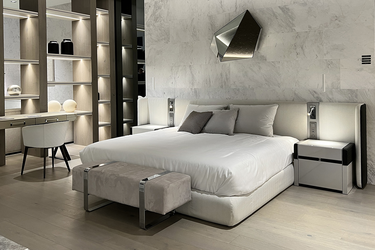 Elegant and sophisticated luxury contemporary bedroom, furnished with the Master bed and integrated lighting in the headboard.