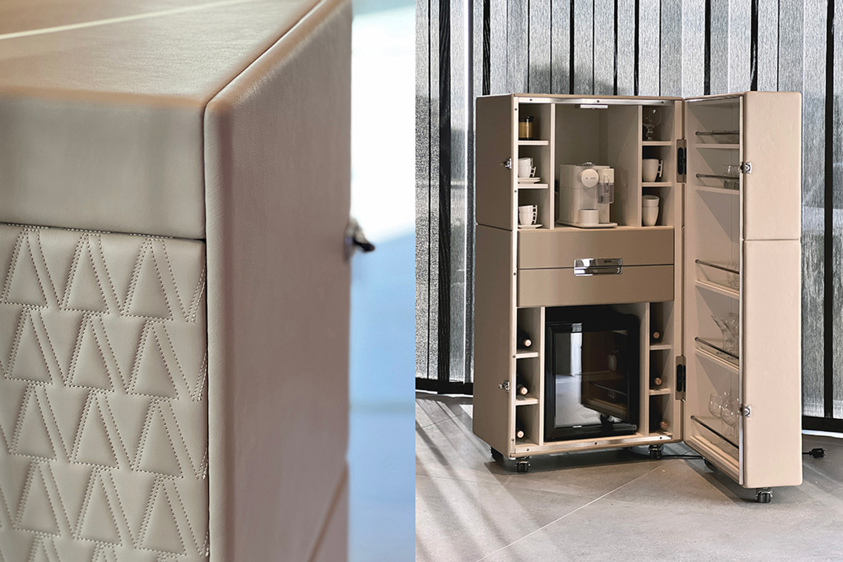 Mobile Axel Coffee Station with coffee machine and mini fridge, customisable with leather upholstery, exclusive design by Jacobo Ventura for Coleccion Alexandra