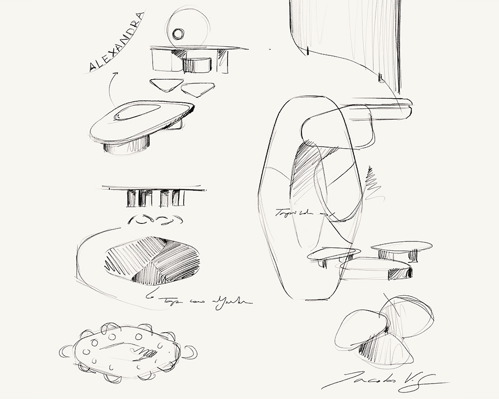 Sketch of the new Onda dining table collection by Jacobo Ventura for Colección Alexandra