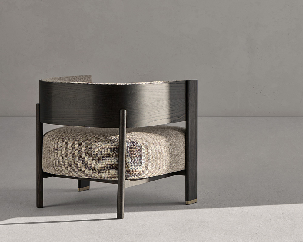 Avant-garde Jude armchair with black ash and beige upholstery, a striking modern contrast