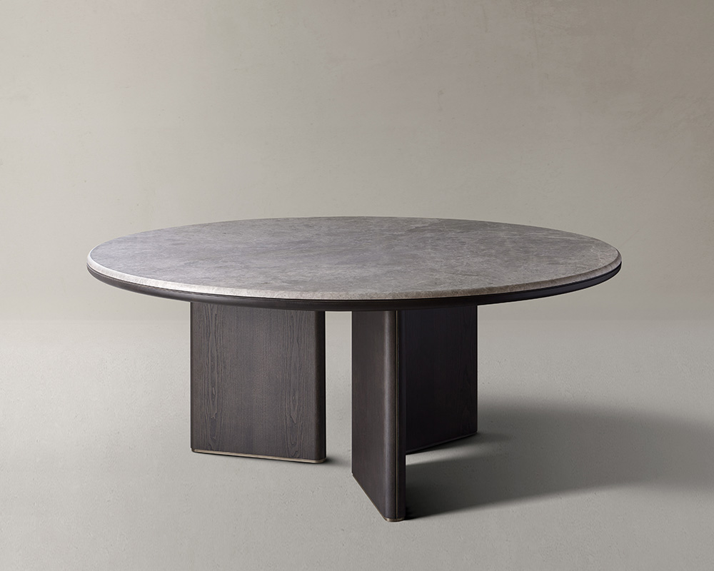 Decorte round dining table in black ash and grey marble, modern design with three legs, perfect for stylish dining rooms